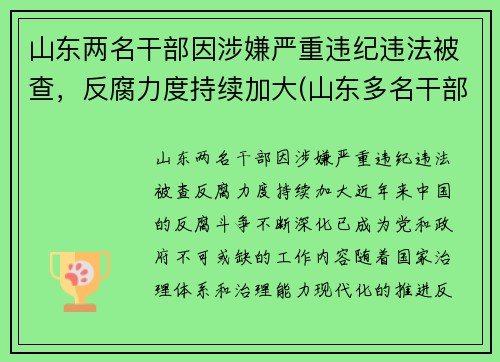 山东两名干部因涉嫌严重违纪违法被查，反腐力度持续加大(山东多名干部被处分一名被双开)