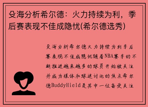殳海分析希尔德：火力持续为利，季后赛表现不佳成隐忧(希尔德选秀)