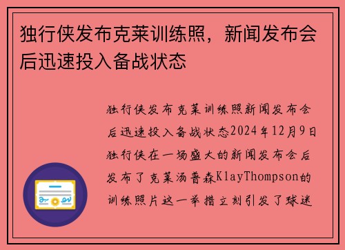 独行侠发布克莱训练照，新闻发布会后迅速投入备战状态