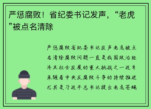 严惩腐败！省纪委书记发声，“老虎”被点名清除