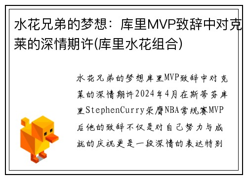 水花兄弟的梦想：库里MVP致辞中对克莱的深情期许(库里水花组合)