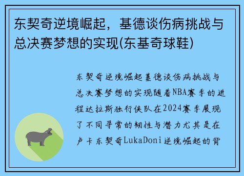 东契奇逆境崛起，基德谈伤病挑战与总决赛梦想的实现(东基奇球鞋)